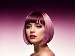 portrait of a woman with a glossy, magenta-hued bob haircut