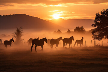 Fototapeta na wymiar Flock of horses walking in fog at dawn. Generative AI