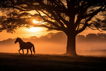 Silhouette of wild horse under the tree. Generative AI