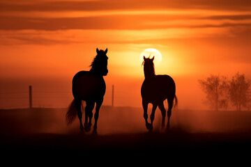 Silhouettes of two graceful horses in field at dawn. Generative AI
