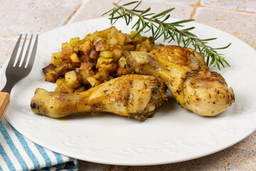 cuisse de poulet rôti et pommes de terre rissolées dans une assiette