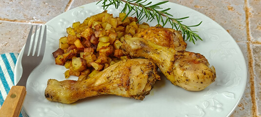 cuisse de poulet rôti et pommes de terre rissolées dans une assiette