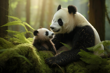 Obraz premium Panda mum with baby sitting in forest together. Generative AI