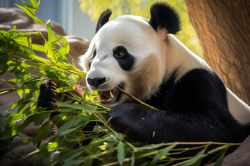 Cute big panda eating leaves on sunny day. Generative AI