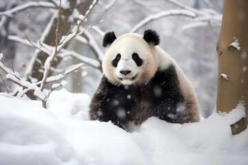 Cute panda in snowy forest. Generative AI