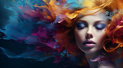 Beauté et pureté, illustration conceptuel du visage d'une femme aux cheveux colorés, cosmétique, coiffure et maquillage,  ia générative