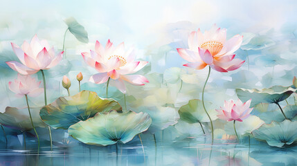 Abstract green lotus leaf and pink lotus flower, abstract art - Powered by Adobe