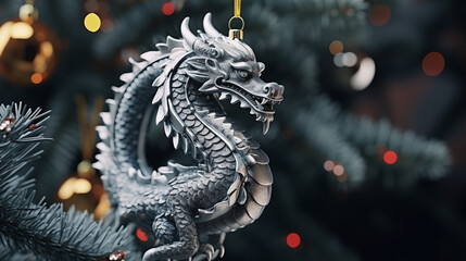 Fototapeta premium Christmas tree toy silver Chinese dragon. symbol of the year 2024