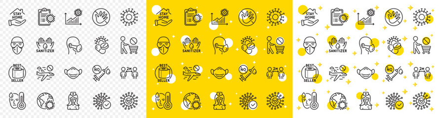 Medical mask, washing hands hygiene, protective glasses. Coronavirus line icons. Stay home, hands sanitizer, coronavirus epidemic mask icons. Covid-19 virus pandemic, no vaccine, toilet paper. Vector