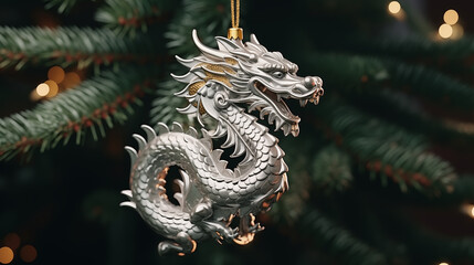 Fototapeta premium Christmas tree toy silver Chinese dragon. symbol of the year 2024