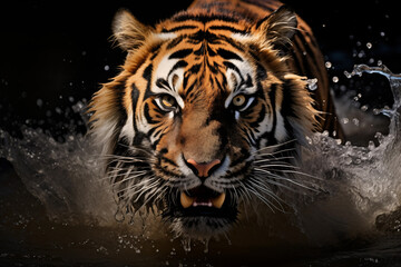 Fototapeta na wymiar Aggressive tiger with water splashes looking at camera. Generative AI