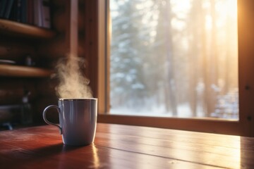 Hot cup of tea or coffee. Cup with steam on the table. Warm lights in the background. Winter concept in the cabin.