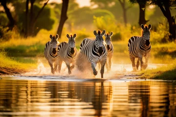 Rolgordijnen Zebras running in water outdoor. Generative AI © Nomad_Soul