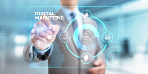 DIgital marketing online internet SEO SEM SMM. Businessman pressing button on screen.