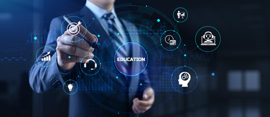 E-learning distance education concept. Businessman pressing button on screen.