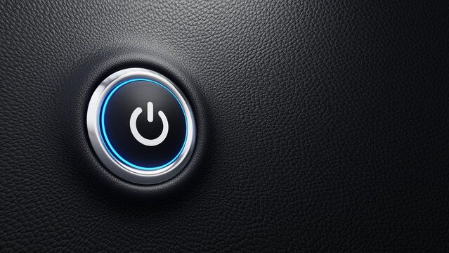 Power button. Start, off and on concept. Modern car button with power sign and blue light. 3d illustration