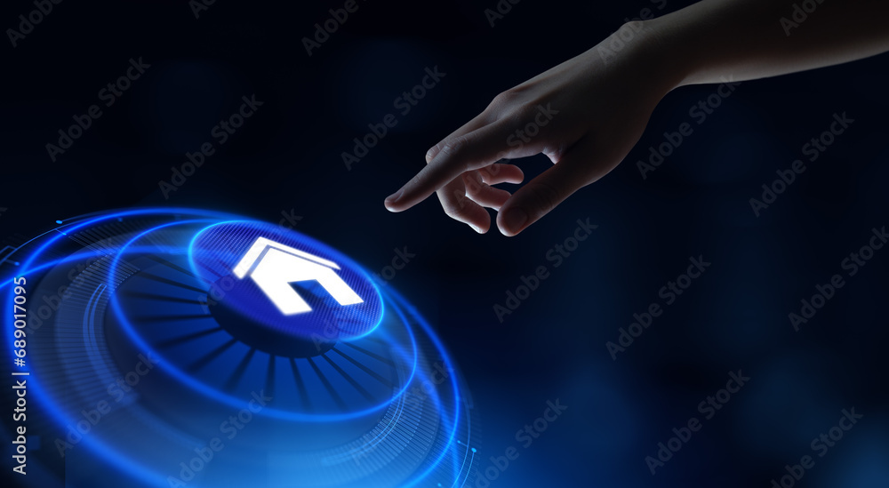Aufkleber smart home automation wireless control iot internet of things concept. hand pressing button.