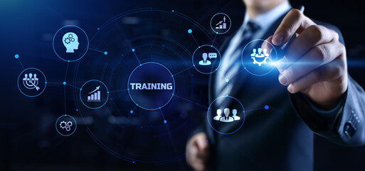 Training education personal development concept. Businessman pressing button on screen.