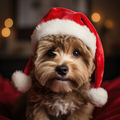 a cute baby dog on Santas hat