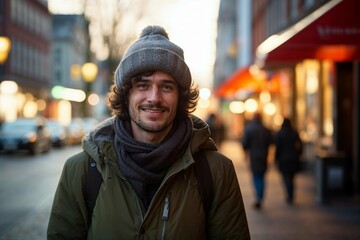 Fototapeta premium Smiling Man in Winter Attire on Urban Street at Dusk