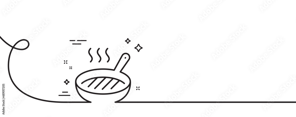 Poster grill pan line icon. continuous one line with curl. cooking food griddle sign. hot frying pan symbol