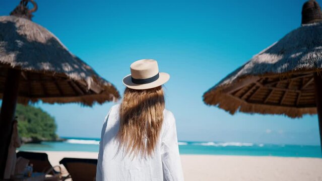 Romantic blonde woman tourist in straw hat walking to ocean sandy beach in sunny day. Female lady enjoying nature on vacations summer holidays. Travel, tourism, journey, rest relax concept.