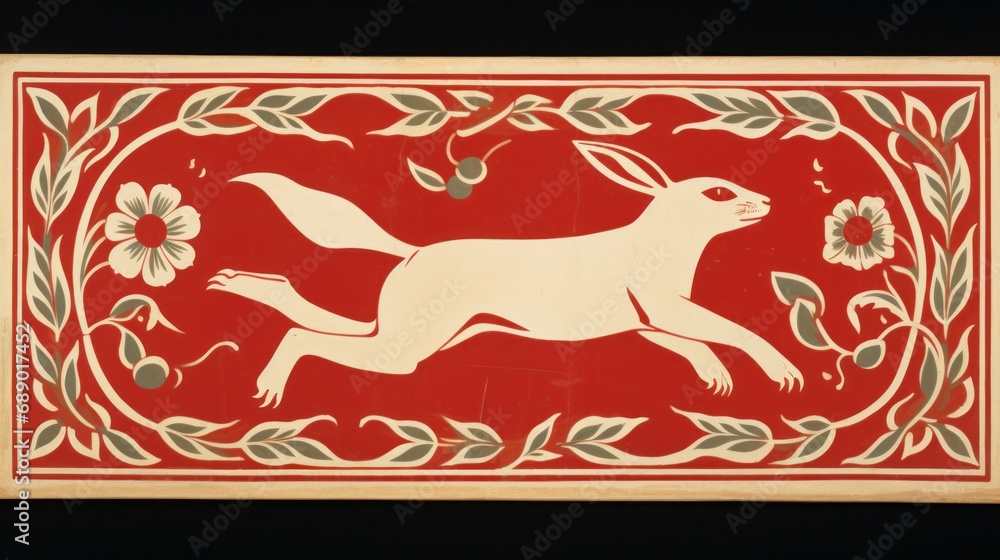 Poster a red and white pattern with a rabbit running through it, ai