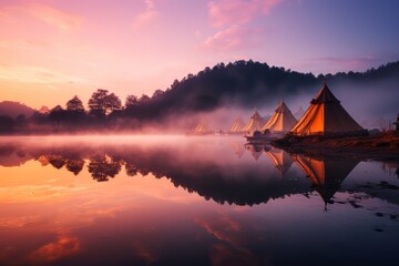 mist around a lake in the morning foreground, with tents on the lake, in the style of dao trong le, vibrant spectrum colors, dark violet and light orange, high dynamic range, utilizes, cabincore