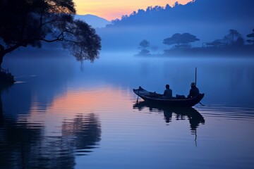 mediterranean lake at sunset, in the style of balinese art, dark blue and sky-blue, traditional craftsmanship, misty atmosphere, national geographic photo, i can't believe how beautiful this is - obrazy, fototapety, plakaty