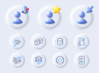 Naklejka premium Confirmed flight, Drop counter and Loyalty star line icons. Placeholder with 3d cursor, bell, star. Pack of Teamwork questions, Route, Dice icon. Video file, Coffee cup pictogram. Vector