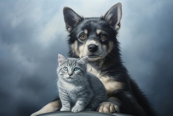 sitting on his mom's back puppy sitting next to cat , in the style of dark gray and sky-blue, consumer culture critique, relatable personality, traditional mexican style, perceptual illusions - obrazy, fototapety, plakaty