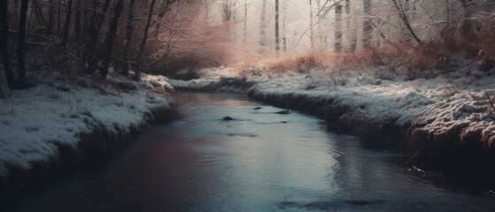 A beautiful shot of a frozen river on a snowy day in winter.