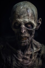 Close-up portrait of a zombie with hollow eyes and decaying skin, in a dark, eerie setting