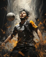 soccer players are trying to catch a ball in the rain, in the style of joel rea, seapunk, dark white and yellow, voigtlander bessa r2m, dan dos santos, dusty piles, majismo - obrazy, fototapety, plakaty