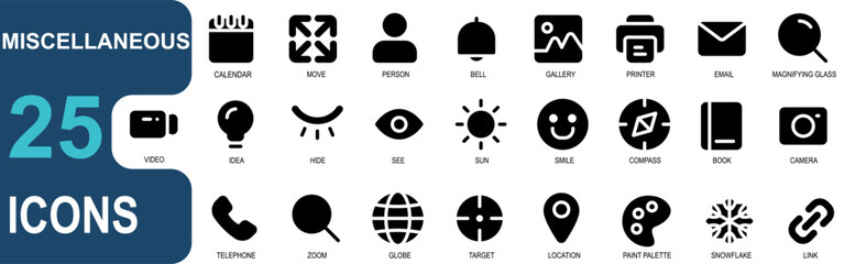 miscellaneous icon set. contains calendar,move,user,bell,gallery,printer,email,magnifying glass,zoom.style icon solid black - obrazy, fototapety, plakaty