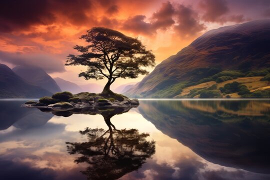 solo tree in secluded lake near tourist attraction, in the style of david mould, 32k uhd, richly colored skies, intertwining materials, edmund leighton, national geographic photo, mountainous vistas
