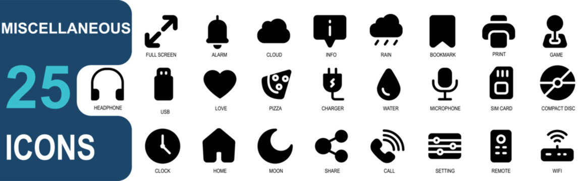 miscellaneous icon set. contains fullscreen,bell,cloud,info,rain,cloud,bookmark,print,game,headphone,usb,love,pizza,charger,watter drop.style icon solid black