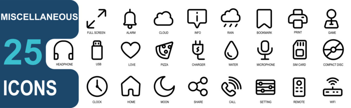miscellaneous icon set. contains microphone,sim card,compact disc,clock,home,moon,share,call,setting,remote,wifi.style icon outline.vector good for web and app.
