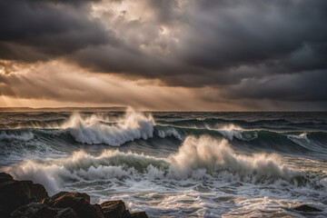 Fototapeta premium The sea waves were raging and dark clouds were in the sky. But there was a little light shining through