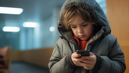 Lonely little elementary school desoriented sad alone child with smartphone in winter clothes in a hospital or office premises waiting for sick parent - obrazy, fototapety, plakaty