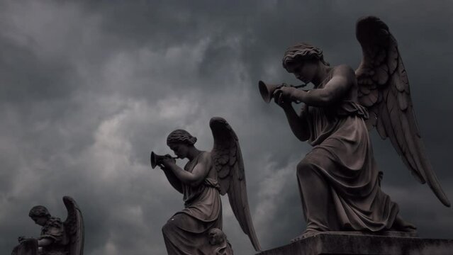 Angels playing trumpets statues and stormy skies from the book of revelations in the bible.