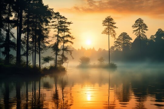 sunrise at the forest mist on lake, in the style of multiple filter effect, uhd image, traditional vietnamese, vibrant colorscape, reflections and mirroring, national geographic photo