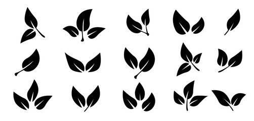 Set of black leaf icons. Leaves of trees and plants. Leaves on white background. Ecology. Vector illustration.