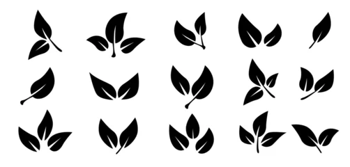 Foto op Plexiglas Set of black leaf icons. Leaves of trees and plants. Leaves on white background. Ecology. Vector illustration. © stoker