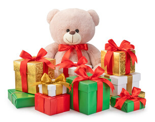 teddy bear and pile of gifts with bows and ribbons isolated on white background