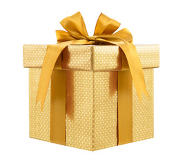 Large gold color box with a gift tied with a ribbon and bow isolated on a white background. - 689018668