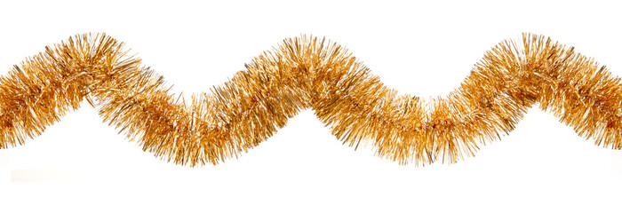 Christmas yellow golden foil tinsel isolated on a white background.