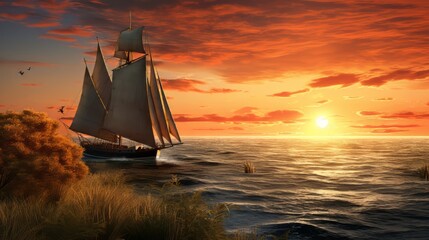 tall grass next to water, in the style of traditional arts of africa, oceania, and the americas, romantic fantasy, detailed ship sails, lush landscape backgrounds, mike campau - obrazy, fototapety, plakaty