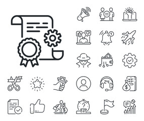 Technical documentation sign. Salaryman, gender equality and alert bell outline icons. Engineering doc line icon. Construction certificate symbol. Construction document line sign. Vector