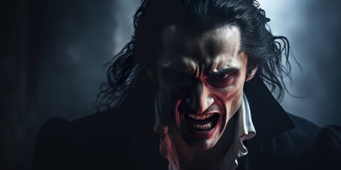 Close-up portrait of Dracula baring his sharp fangs, with a predatory glare in a dark room